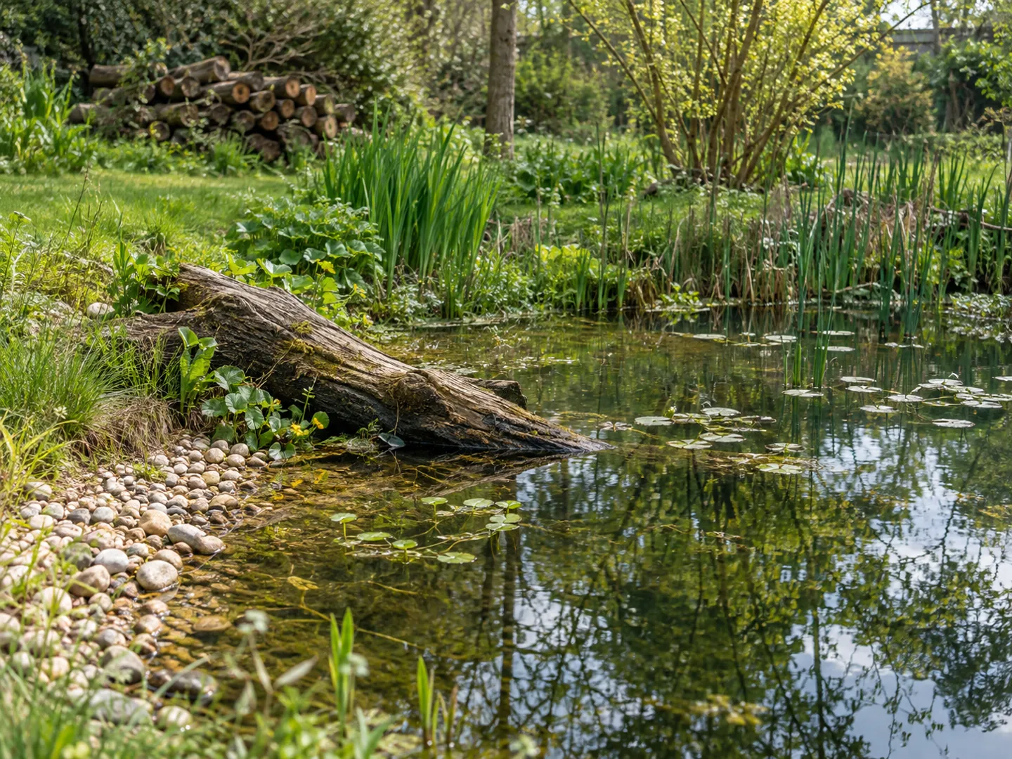 A small wildlife pond with a gently sloping pebble edge, a log lying half in the water and marginal plants
