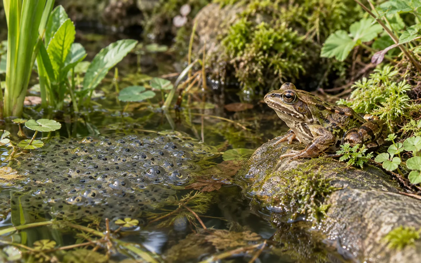 A brown-green common frog on a mossy stone beside a floating clump of frogspawn in a planted garden pond